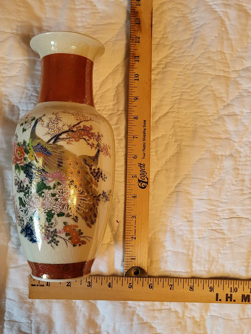 Decorative Cream and Orange Floral Peacock Ceramic Vase